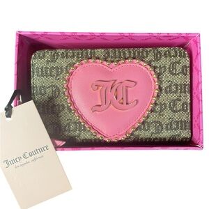 Juicy Couture Bifold Faux Leather Pink Beaded Heart Brown Taupe Wallet NEW NIB